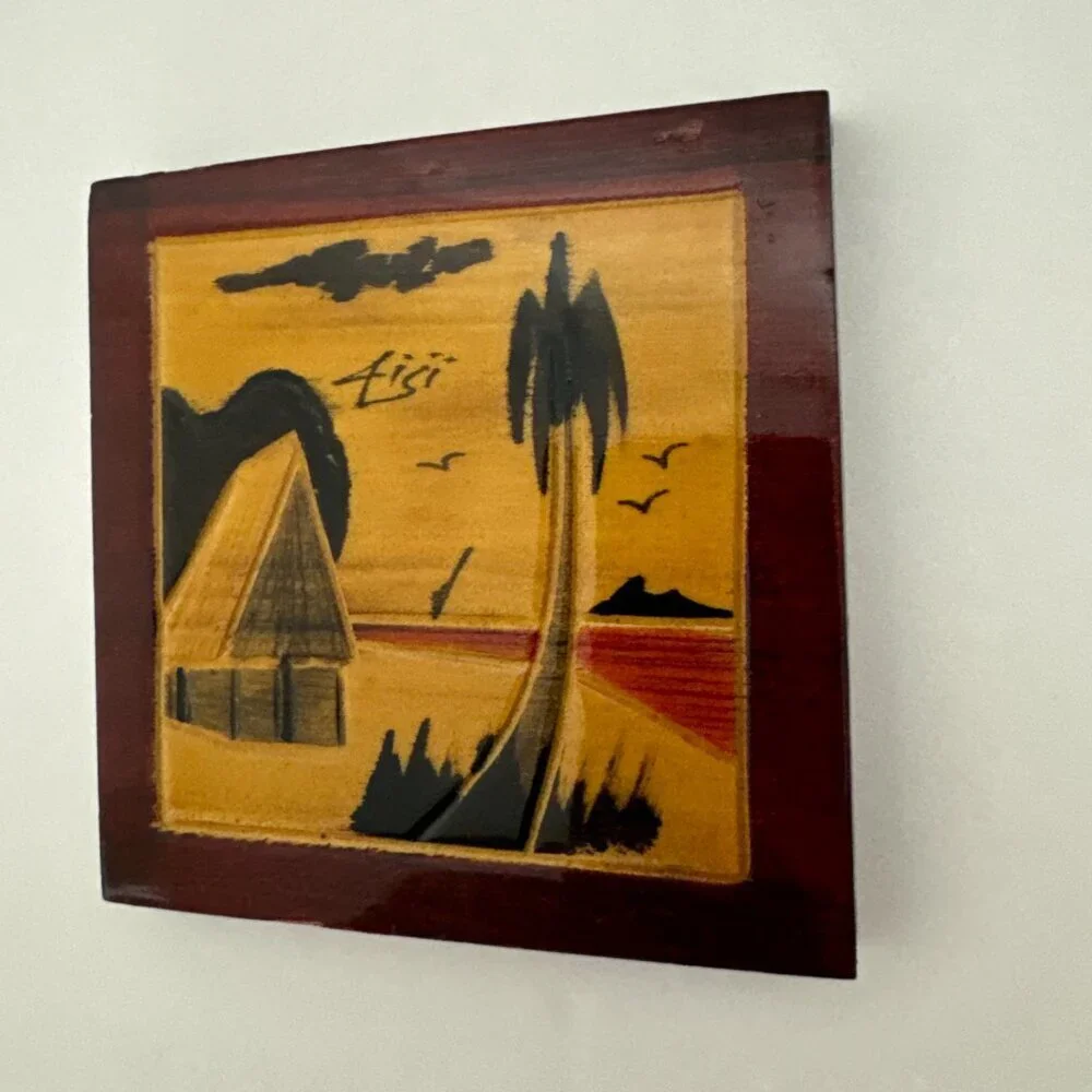 Vintage Bula Fiji Wood Carving Tropical Scene Set of 4 Carved Wooden Coaster